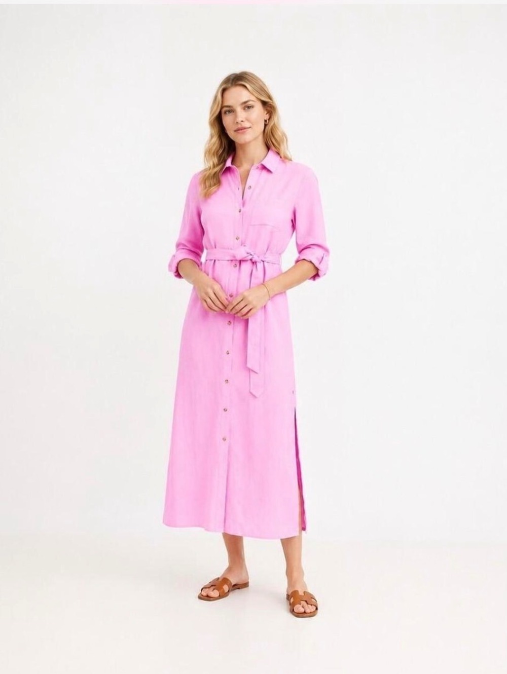 LOFT Women's Pink Button-Down Shirt Dress with Belt Size 10